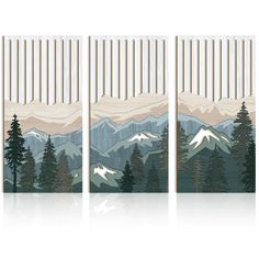 three panels with mountains and trees painted on them