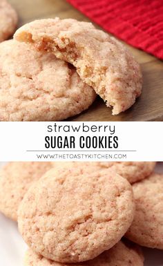 strawberry sugar cookies are stacked on top of each other with the words, strawberry sugar cookies