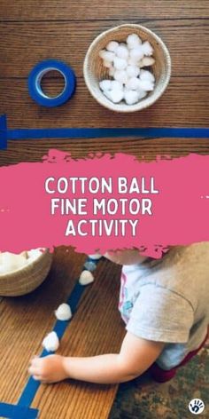 a child playing with cotton ball fine motor activity on the floor in front of a wooden table