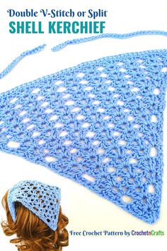 a crocheted triangle is shown with the text, double v - stitch or split shell kerchief