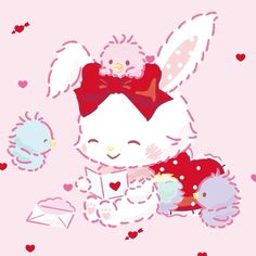 a cartoon bunny holding a little bird on top of it's back and surrounded by hearts