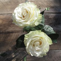 two white roses sitting on top of a wooden table