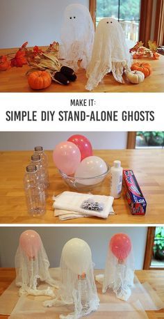 Stand-Alone Cheesecloth Ghosts: a simple Halloween craft for kids - Such a great project for kids of all ages and they think it's so cool the ghosts actually stand up! Diy Halloween Dekoration, Halloween Party Decor Diy, Halloween Decor Diy, Halloween Kunst, Easy Halloween Decorations, Diy Halloween Decor, Adornos Halloween, Easy Halloween Crafts