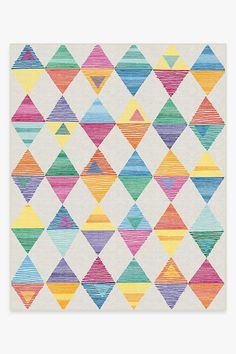 an abstract painting with colorful geometric shapes on white paper, including triangles and lines in different colors