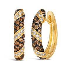 From Le Vian(R), these delicious diamond earrings are crafted in 14k Honey Gold(tm). An exquisite blend of 5/8ctw Chocolate Diamonds(R) and 1/3ctw Nude Diamonds(tm) twist along the hoop design for a dazzling display. Diamonds are 7/8ctw and SI2 in clarity. Earrings measure 17.4mm in length. Natural fancy brown diamonds are available in shades from champagne to cognac to Chocolate Diamonds(R), Le Vian(R)'s original brand of natural fancy color brown diamonds. Chocolate Diamonds(R) are naturally f Chocolate Diamond Earrings, Levian Chocolate Diamonds, Neutral Skin Tone, Brown Diamonds, Sabyasachi Jewellery, Wedding Day Jewelry, Chocolate Diamonds, Le Vian, Hoop Design