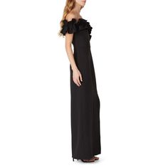 Black stretch crepe (95% Polyester, 5% Polyurethane). Gown. Short sleeves. Off-the-shoulder neckline. Hidden center back zipper with hook-and-eye closure. Partially lined. 50% from shoulder to hemline. Made in the USA. Black Off-shoulder Dress With Ruffles, Luxury Off-shoulder Ruffled Gown, Black Floor-length Dress With Ruffles, Black Off-shoulder Ruffled Dress For Evening, Black One-shoulder Dress With Ruffles And Asymmetrical Neckline, Ruffled Gown, Stretch Crepe, Rent The Runway, Closet Designs