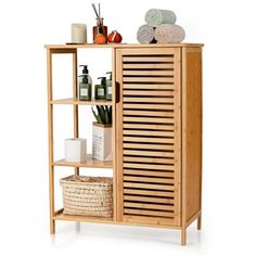 Bamboo Bathroom Storage Cabinet with Single Door-Natural - Adore the Decor Bamboo Cabinets, Bathroom Standing Cabinet, Lightweight Structure, Bamboo Storage, Large Storage Cabinets, Freestanding Bathroom Cabinet, Bathroom Necessities, Bamboo Bathroom, Floor Cabinet