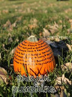 an orange pumpkin sitting in the grass with writing on it's top and bottom