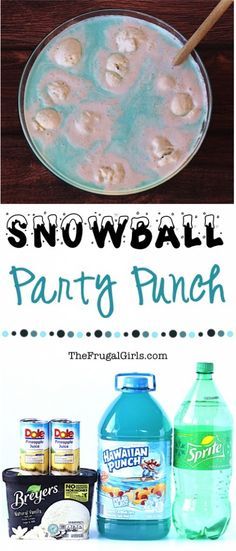 snowball party punch recipe in a bowl with ingredients to make it look like an ice cream