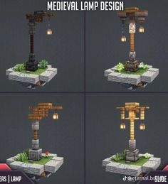 four different views of the medieval lamp design for minecraft or other video game platforms