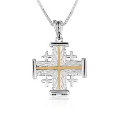 * Sterling silver Jerusalem cross pendant. * Size in inches: 0.96 x 0.69 x 0.06. * Exquisite attention to every detail. * The symbolism of the five-fold cross is variously given as the Five Wounds of Christ, Christ and the four evangelists, or Christ and the four quarters of the world. * These flawlessly hand-made pendants are directly from the land Jesus was conceived, served and set out His life. * Engraved in English: Jerusalem. * Designed by Marina Meiri; made in the Holy Land. * For God so White Gold Necklace With Large Cross Pendant, Symbolic White Gold Cross Necklace, White Gold Cross Necklace With Large Pendant, Symbolic Sterling Silver Cross Pendant Jewelry, Sterling Silver Cross Pendant Symbolic Jewelry, Symbolic Sterling Silver Cross Pendant, White Engraved Cross Necklace, Sterling Silver Cross Charms With Polished Finish, Engraved White Gold Cross Pendant Necklace