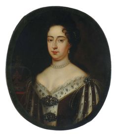 an oval portrait of a woman in white and black dress with pearls on her head