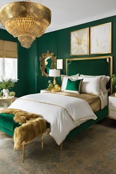 a bedroom with green walls and gold accents