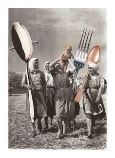 a group of people standing next to each other holding utensils and paddles