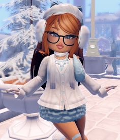 an animated girl wearing glasses and a white shirt is standing in front of a snow - covered tree