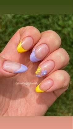 Cute Spring Nails Short Almond, Purple And Yellow Spring Nails, Pastel Witchy Nails, Tangled Inspired Nails Simple, Orange And Purple French Tip Nails, Spring Almond Nails Short, Tangled Acrylic Nails, Spring Nail Inspo Almond