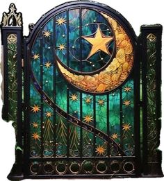 a metal gate with a star and moon painted on the top, surrounded by stars