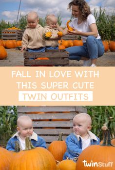 two babies sitting on top of pumpkins with the caption fall in love with this super cute twin outfits