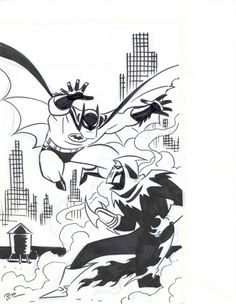 a black and white drawing of batman flying through the air with city buildings in the background