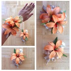 four different pictures of orange flowers on a wooden floor, one being held by someone's hand