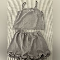 Never Worn Grey Pajama Set With Polka Dots And Ruffles On The Shorts. Light And Airy For Warm Summer Nights! Summer Nights, Women's Intimates, Pajama Set, Ruffles, Polka Dots, Pajamas, Dots, Fashion Outfits, Grey