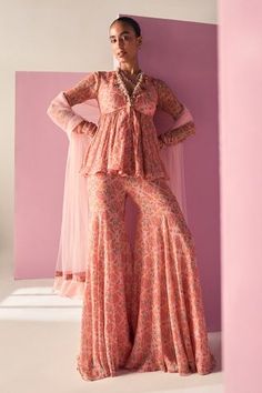 Shop for Ridhi Mehra Pink Laiqa Printed Peplum Top Gharara Set for Women Online at Aza Fashions Pink Peplum Top, Ridhi Mehra, Printed Embroidery, Printed Peplum Top, Embroidered Crop Tops, Draped Blouse, Chiffon Dupatta, Sharara Set, Embroidered Neckline