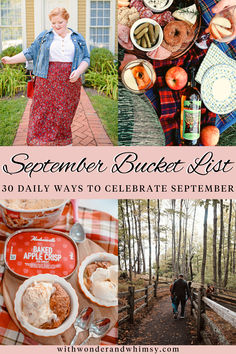 a woman standing in front of a picnic table with food on it and the words, summer bucket list 30 daily ways to celebrate