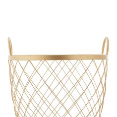 a gold wire basket with handles on the bottom and sides, in front of a white background