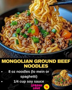 Mongolian Ground Beef Noodles Mongolian Beef Noodles Recipe, Mongolian Ground Beef Noodles, Beef Lo Mein Recipe, Ground Beef Noodles, Mongolian Ground Beef, Mongolian Beef Recipes