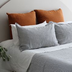 a bed with two pillows on top of it and a plant in the corner next to it