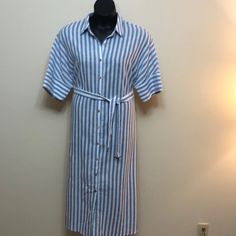 Blue And White Striped Button Down Shirt Dress 100% Cotton Non Stretch 2xl Sz 16 Bust 57.5in, Waist 49.2in, Hip Sz 53.5in, Sleeve Length 15in, Length 50.8in Never Worn, No Tags Casual Striped Collared Shirt Dress, Casual Striped Shirt Dress For Day Out, Striped Collared Vacation Dress, Spring Striped Collared Shirt Dress, Striped Collared Dresses For Vacation, Blue Vertical Stripes Dress For Daywear, Collared Striped Beach Dress, Striped Collared Beach Dress, Casual Striped Button-up Dresses