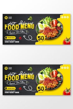 two restaurant menus with food items on the front and back side, both in yellow