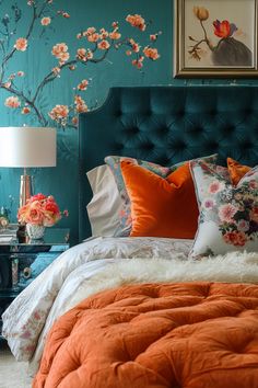 a bed with an orange comforter and floral wallpaper on the walls behind it