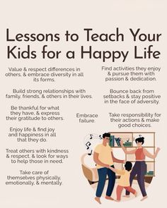 a poster with the words lessons to teach your kids for a happy life