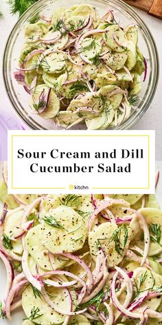 a bowl filled with cucumber salad on top of a white table next to a plate