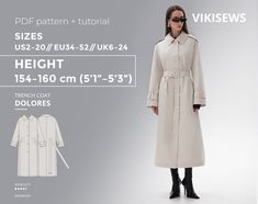 a women's trench coat sewing pattern with measurements for the waist and sleeves, shown in