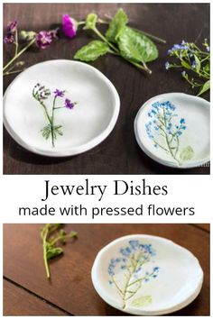 two plates with flowers painted on them and the words jewelry dishes made with pressed flowers