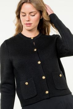 We love the classic and elegant style of this Sweater Cardigan from THML. The classic black and luxe gold details make this a favorite go to look. Cardigan Styles, Elegant Cardigan, Button Front Cardigan, White Button Down, Favorite Sweater, Cardigan Fashion, Button Down Blouse