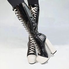 Women's Boots Plus Size Heel Boots Party Daily Leopard Mid Calf Boots Winter Zipper Block Heel Round Toe Sexy Patent Leather Zipper White / Purple Black Red 2024 - $101.99 Gothic Heels, Plateau Boots, Thigh High Platform Boots, Crazy Heels, Shoe Refashion, 7 Inch Heels, Boots Plus Size, Knee High Platform Boots, Goth Shoes