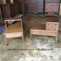 three tables and two end tables in a room with other furniture on the floor around them