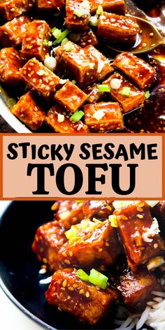 two pictures with the words sticky sesame tofu on them