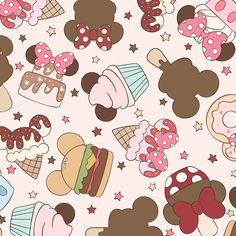 a pink background with many different types of food and mickey mouse ears on it's faces