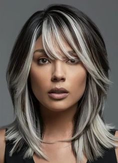 Brunette With A Pop Of Color, Chunky Fall Hair, Balayage Colored Hair, Highlights Only On Top Of Head, Ash Grey Hair Highlights, Short Brown Hair Blonde Highlights, Blonde To Fall Hair, Brown Balayage Hair Short, Ash Hair Color Grey