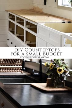 a kitchen counter with flowers on it and the words diy countertops for a small budget