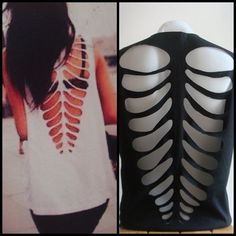 the back of a woman's shirt is shown in three different pictures, one with an open ribcage