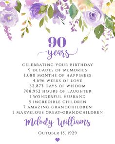 a purple and white floral 90th birthday card with the words,'90 years celebrating your