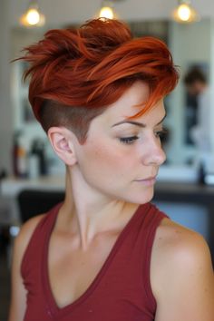 44 Stunning Short Red Hairstyles To Unleash Your Bold Side Copper Bob Hair, Short Red Hairstyles, Red Pixie Cut, Copper Bob, Auburn Bob, Red Hairstyles, Pixie Haircut Ideas, Red Pixie, Shaved Side Hairstyles