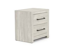 a white wooden nightstand with two drawers on one side and an open drawer on the other