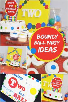 a bunch of birthday party items on a table with the words bouncey ball party ideas