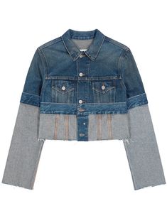 raw-cut deconstructed denim jacket from MM6 Maison Margiela featuring indigo blue, cotton, denim, faded effect, deconstructed design, raw-cut hem, classic collar, front button fastening, two chest flap pockets, long sleeves and cropped. | MM6 MAISON MARGIELA Raw-Cut Deconstructed Denim Jacket Deconstructed Denim, Designer Denim Jacket, Crop Jean Jacket, All Jeans, Designer Denim, Indigo Denim, Martin Margiela, Mm6 Maison Margiela